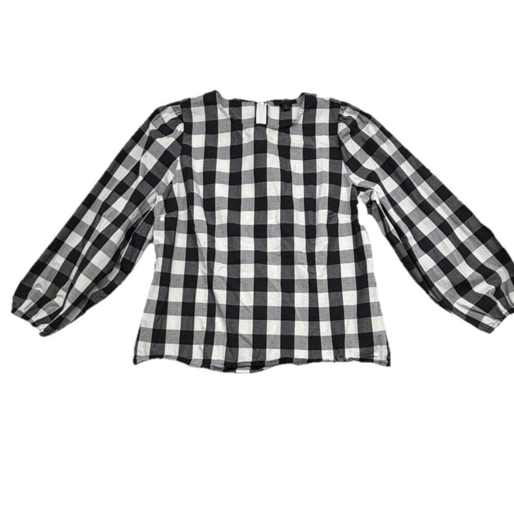 J. Crew Puff Sleeve Blouse Top Gingham Black and White Size 8 Classic Cotton